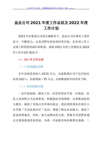 国企盐业公司2021年度工作总结和2022年度工作计划