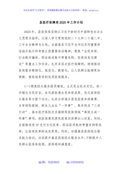 县医疗保障局2025年工作计划