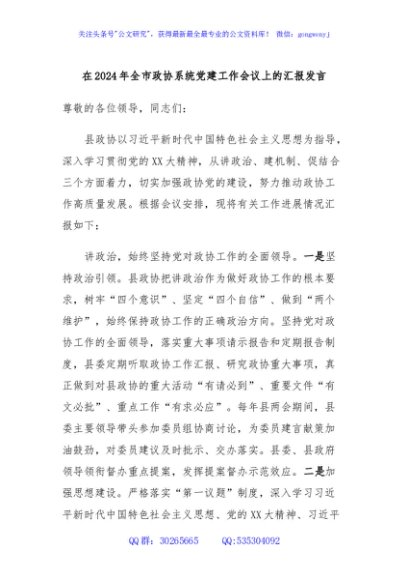 在2024年全市政协系统党建工作会议上的汇报发言