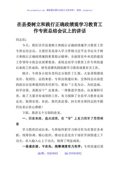 在县委树立和践行正确政绩观学习教育工作专班总结会议上的讲话