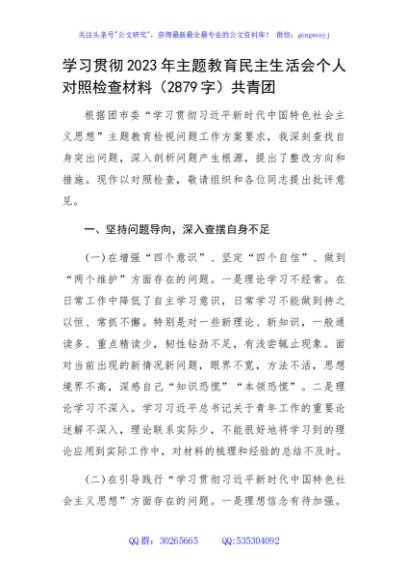 主题教育民主生活会个人对照检查材料（共青团）