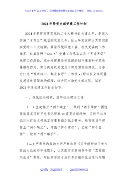 2024年局党支部党建工作计划