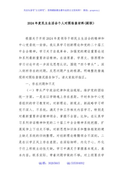 2024年度民主生活会个人对照检查材料(副职）