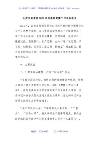 公安分局党委2024年抓基层党建工作述职报告