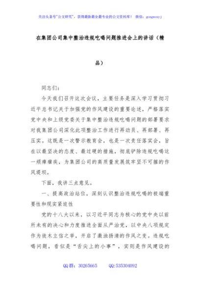 在集团公司集中整治违规吃喝问题推进会上的讲话（精品）
