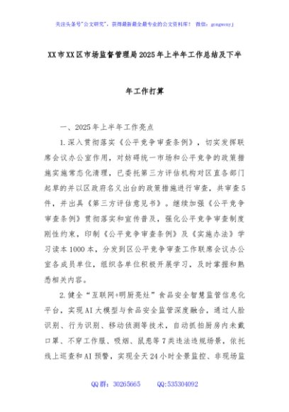 XX市XX区市场监督管理局2025年上半年工作总结及下半年工作打算