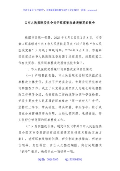 X市人民医院委员会关于巡察整改进展情况的报告