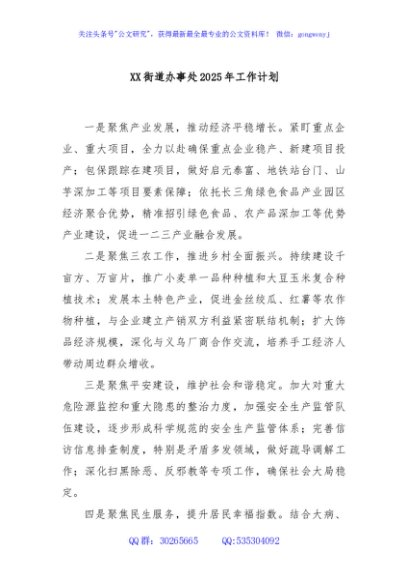 XX街道办事处2025年工作计划