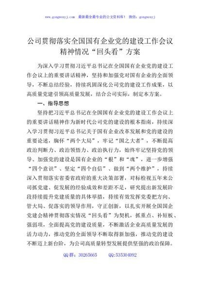 公司贯彻落实全国国有企业党的建设工作会议精神情况“回头看”方案