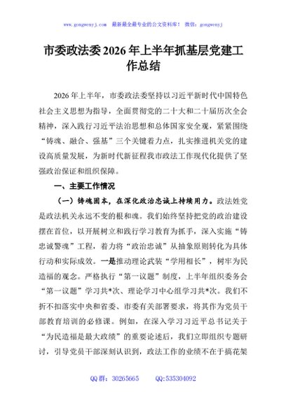 市委政法委2026年上半年抓基层党建工作总结