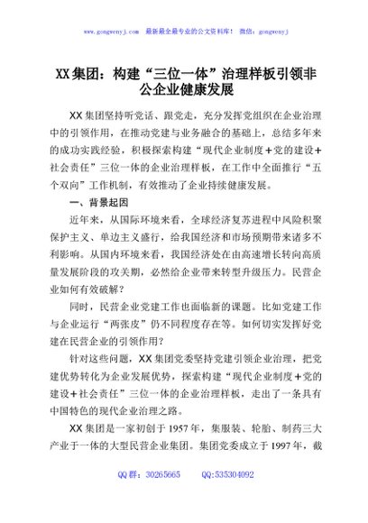 XX集团：构建“三位一体”治理样板引领非公企业健康发展