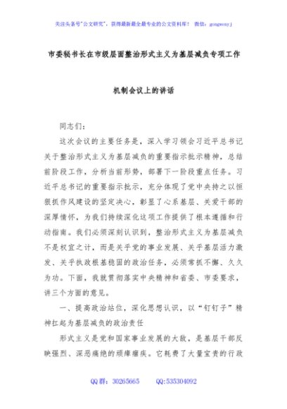 市委秘书长在市级层面整治形式主义为基层减负专项工作机制会议上的讲话