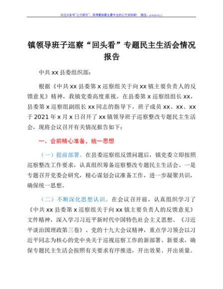镇领导班子巡察“回头看”专题民主生活会情况报告