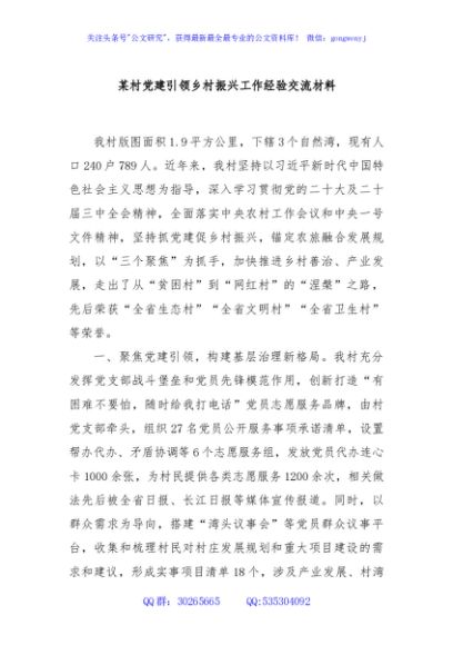 某村党建引领乡村振兴工作经验交流材料