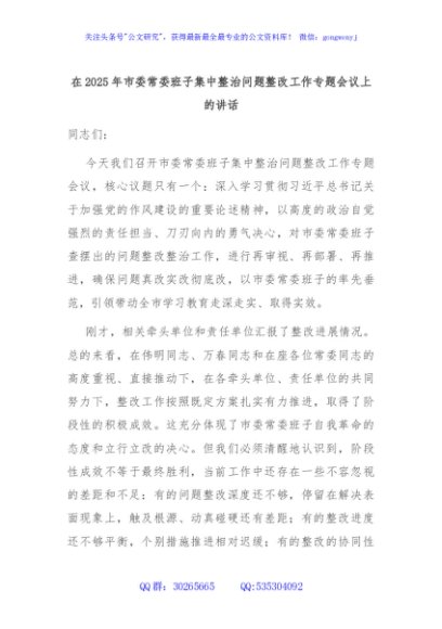 在2025年市委常委班子集中整治问题整改工作专题会议上的讲话