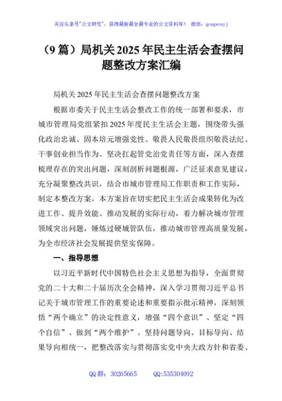 （9篇）局机关2025年民主生活会查摆问题整改方案汇编