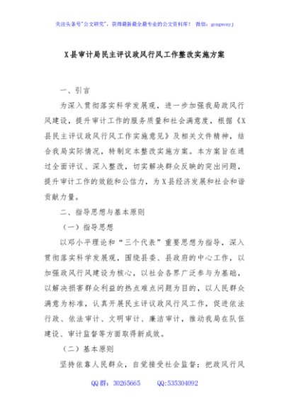X县审计局民主评议政风行风工作整改实施方案