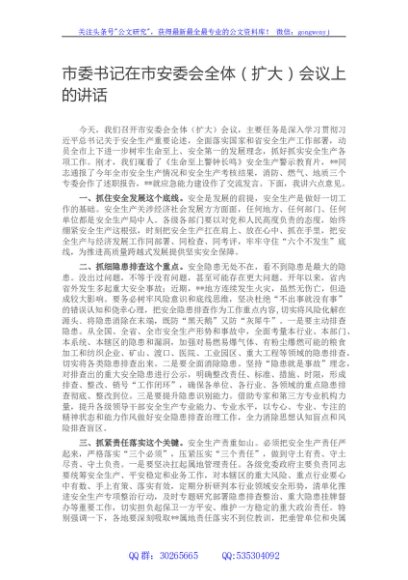市委书记在市安委会全体（扩大）会议上的讲话