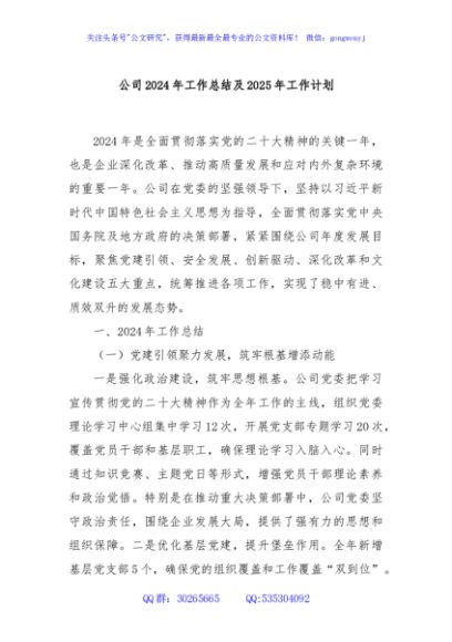 公司2024年工作总结及2025年工作计划
