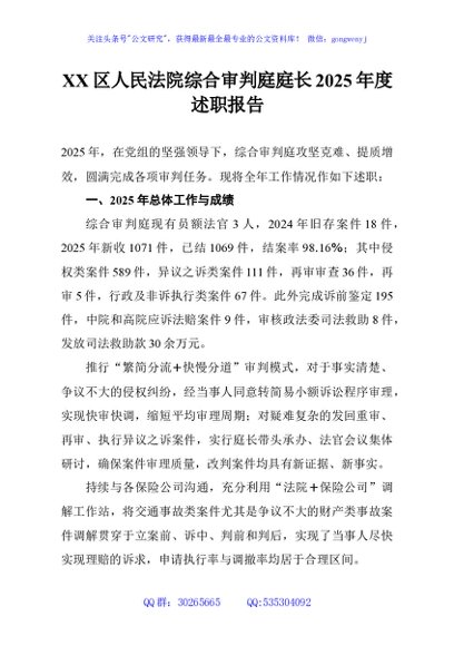 XX区人民法院综合审判庭庭长2025年度述职报告