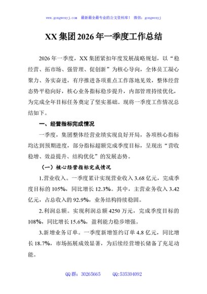 XX集团2026年一季度工作总结