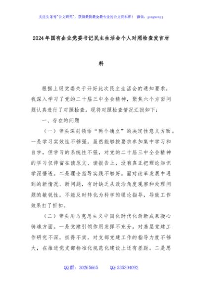 2024年国有企业党委书记民主生活会个人对照检查发言材料