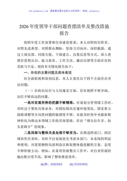 2026年度领导干部问题查摆清单及整改措施报告
