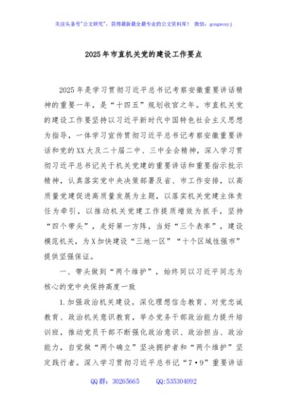 2025年市直机关党的建设工作要点
