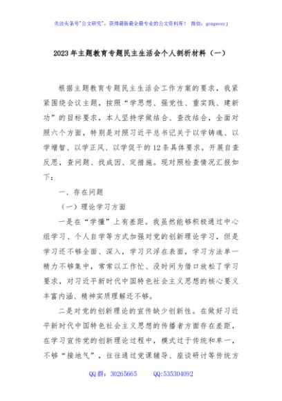 2023年主题教育专题民主生活会个人剖析材料（一）