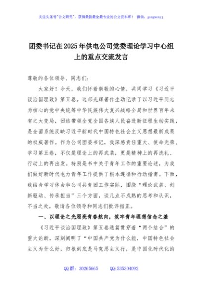 团委书记在2025年供电公司党委理论学习中心组上的重点交流发言