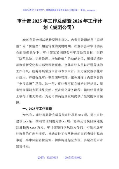 审计部2025年工作总结暨2026年工作计划（集团公司）
