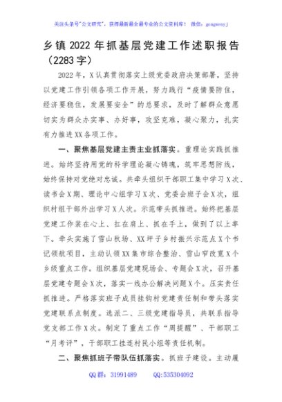 乡镇2022年抓基层党建工作述职报告