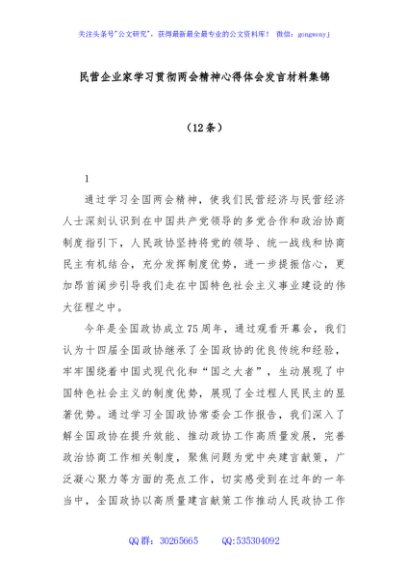 民营企业家学习贯彻两会精神心得体会发言材料集锦（12条）