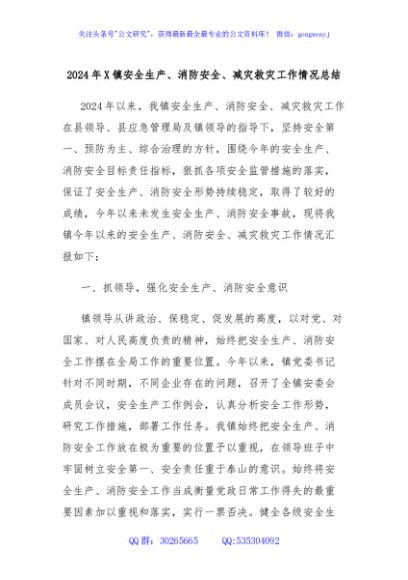 2024年X镇安全生产、消防安全、减灾救灾工作情况总结