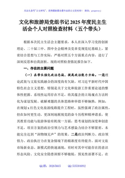 文化和旅游局党组书记2025年度民主生活会个人对照检查材料（五个带头）