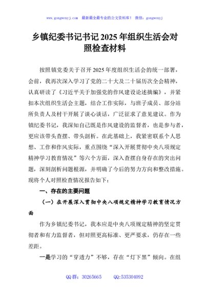 乡镇纪委书记书记2025年组织生活会对照检查材料