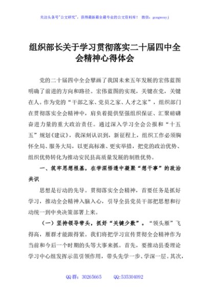 组织部长关于学习贯彻落实二十届四中全会精神心得体会