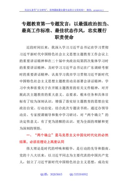 主题教育第一专题发言：以最强政治担当、最高工作标准、最佳状态作风，忠实履行职责使命