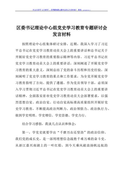 区委书记理论中心组党史学习教育专题研讨会发言材料