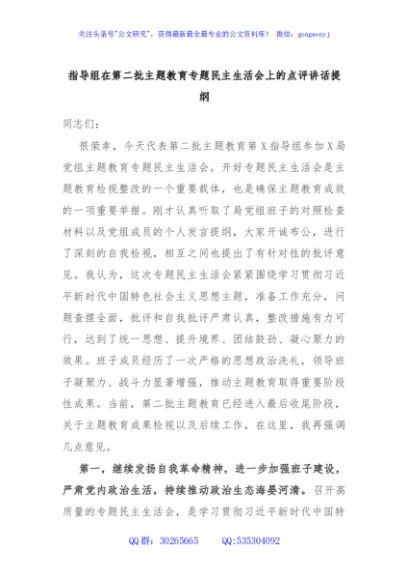 指导组在第二批主题教育专题民主生活会上的点评讲话提纲