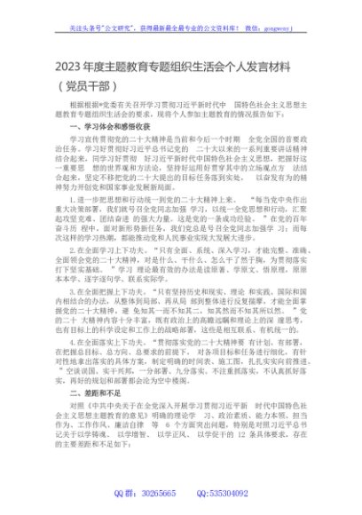 2023年度主题教育专题组织生活会个人发言材料（党员干部）