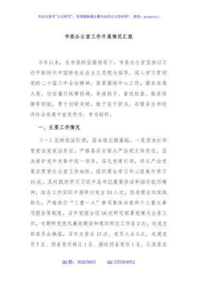 市委办公室工作开展情况汇报