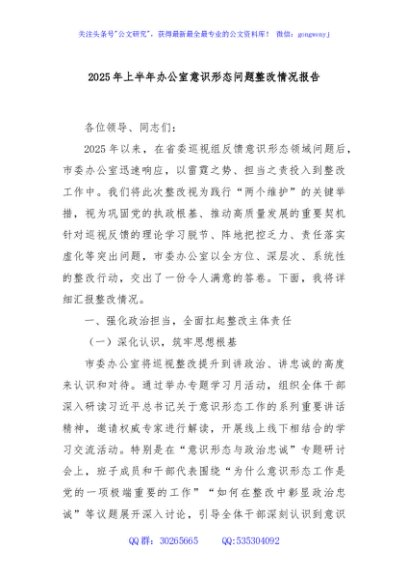 2025年上半年办公室意识形态问题整改情况报告