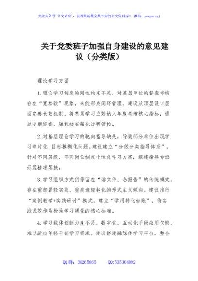 关于党委班子加强自身建设的意见建议（分类版）