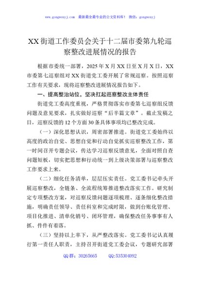 XX街道工作委员会关于十二届市委第九轮巡察整改进展情况的报告