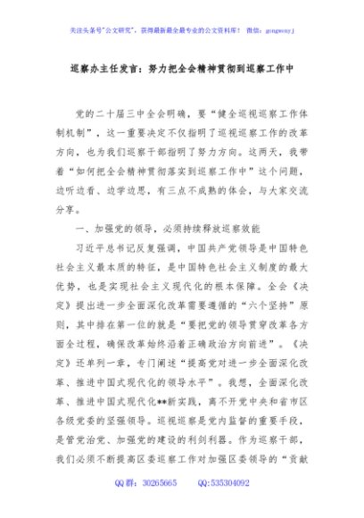巡察办主任发言：努力把全会精神贯彻到巡察工作中