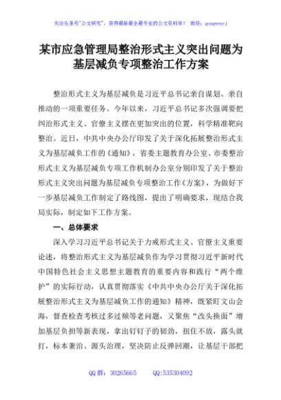 某市应急管理局整治形式主义突出问题为基层减负专项整治工作方案