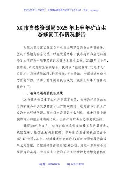 XX市自然资源局2025年上半年矿山生态修复工作情况报告