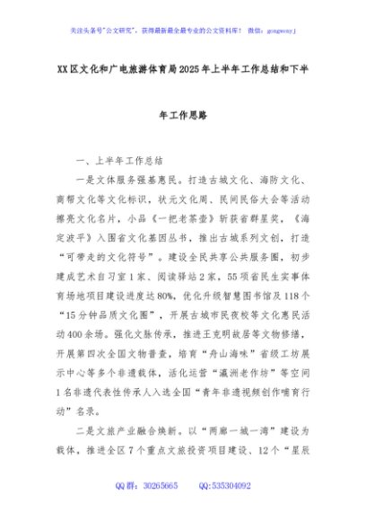 XX区文化和广电旅游体育局2025年上半年工作总结和下半年工作思路