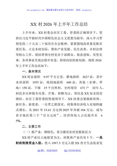 XX村2026年上半年工作总结